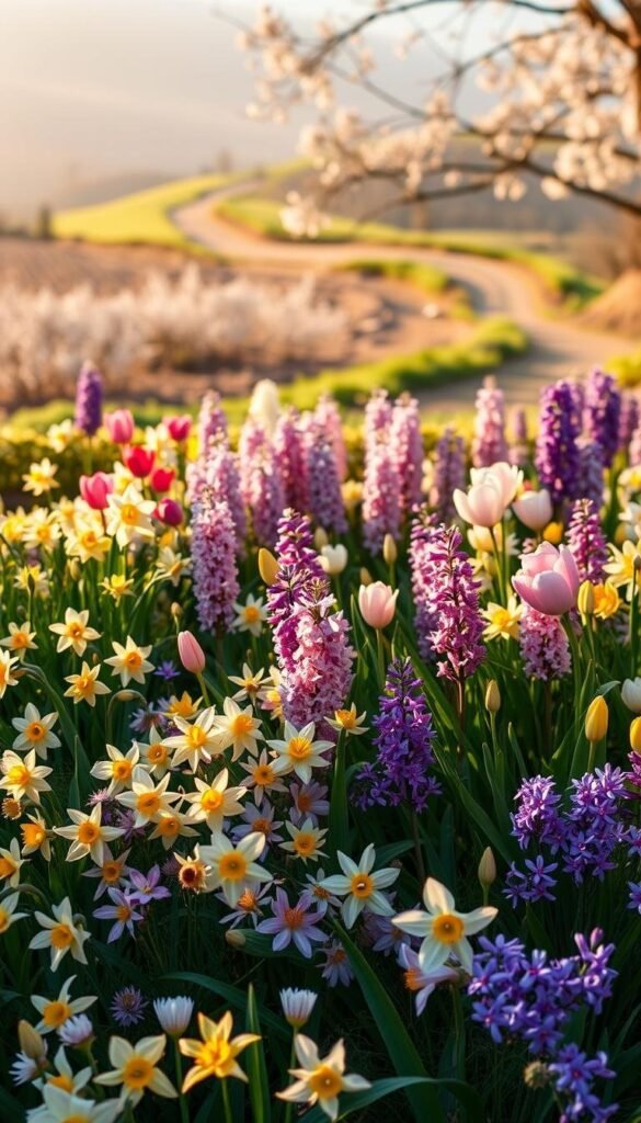 A vibrant spring garden bursting with early blooming flowers. In the foreground, a lush arrangement of delicate daffodils, cheerful tulips, and fragrant hyacinths in a soft, pastel color palette. The middle ground features clusters of delicate cherry blossoms and fragrant lilacs, their petals catching the warm, golden rays of the morning sun. In the background, a dreamy, out-of-focus landscape with rolling hills and an inviting dirt path, suggesting the promise of more blooms to come. The overall mood is one of tranquility, joy, and the rejuvenating energy of nature's early awakening. A vibrant spring garden bursting with early blooming flowers. In the foreground, a lush arrangement of delicate daffodils, cheerful tulips, and fragrant hyacinths in a soft, pastel color palette. The middle ground features clusters of delicate cherry blossoms and fragrant lilacs, their petals catching the warm, golden rays of the morning sun. In the background, a dreamy, out-of-focus landscape with rolling hills and an inviting dirt path, suggesting the promise of more blooms to come. The overall mood is one of tranquility, joy, and the rejuvenating energy of nature's early awakening.