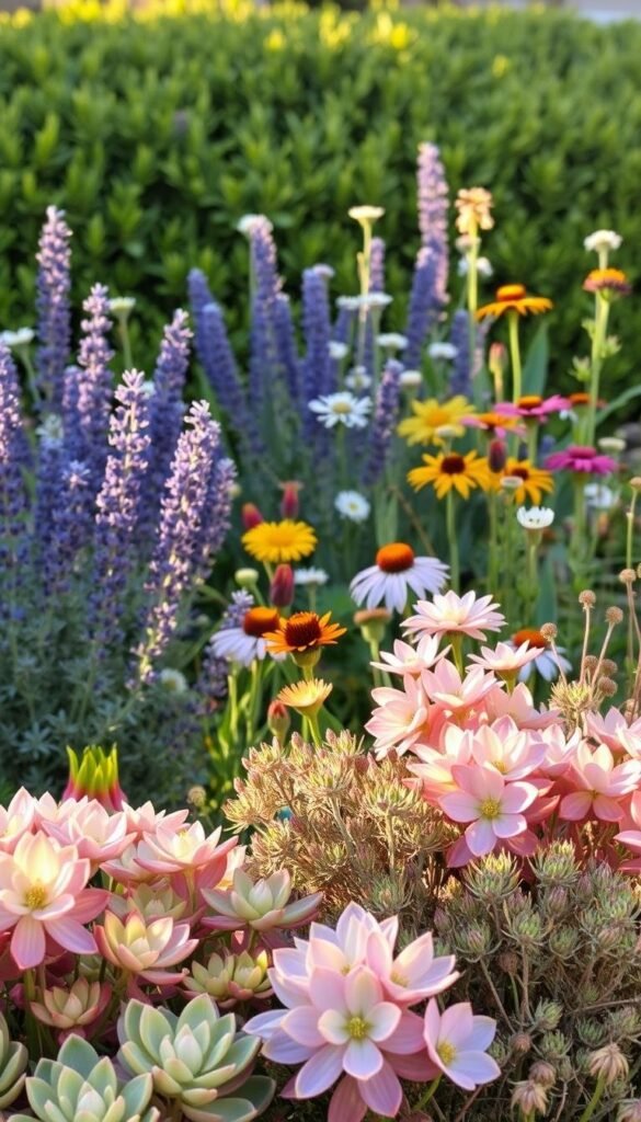 A vibrant spring garden scene featuring a bountiful display of drought-tolerant flowers. In the foreground, clusters of delicate, pastel-hued succulents and sedum plants sway gently in the warm breeze. The middle ground showcases a mix of resilient, low-maintenance blooms like lavender, yarrow, and coneflowers, their petals catching the soft, golden afternoon light. In the background, a lush, green shrub-filled border frames the scene, creating a sense of depth and tranquility. The overall composition exudes a serene, natural atmosphere, perfectly capturing the essence of a low-water, spring-inspired garden.