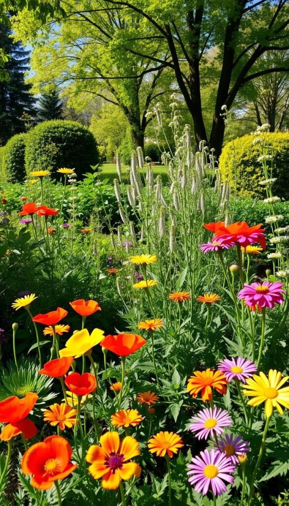 A vibrant spring garden, sunlight filtering through lush foliage. In the foreground, a variety of annual flowers in bloom - bright poppies, delicate pansies, and cheerful marigolds. In the middle ground, perennial plants stand tall and proud, their verdant leaves and subtle blossoms contrasting with the annuals. The background features a harmonious blend of mature trees and shrubs, casting gentle shadows across the scene. The overall composition conveys a sense of balance, vitality, and the cyclical nature of plant life. Captured with a wide-angle lens, this scene invites the viewer to immerse themselves in the tranquil beauty of the springtime garden.