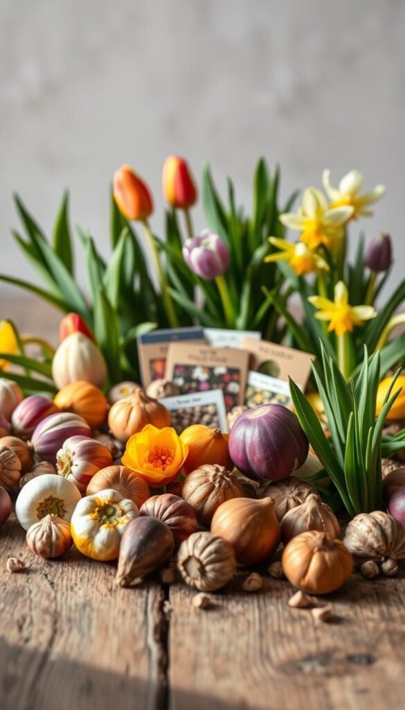 A vibrant still life arrangement of early spring flower bulbs and seeds on a rustic wooden table, bathed in soft, natural lighting. In the foreground, a variety of multicolored tulip, crocus, and daffodil bulbs are neatly arranged, their smooth textures and intricate patterns inviting closer inspection. In the middle ground, small packets of assorted flower seeds in earthy tones are displayed, hinting at the lush blooms to come. The background features a neutral, slightly out-of-focus backdrop, allowing the beautiful botanical elements to take center stage. The overall mood is one of anticipation and natural beauty, perfectly capturing the essence of choosing the right bulbs and seeds for an early spring garden. A vibrant still life arrangement of early spring flower bulbs and seeds on a rustic wooden table, bathed in soft, natural lighting. In the foreground, a variety of multicolored tulip, crocus, and daffodil bulbs are neatly arranged, their smooth textures and intricate patterns inviting closer inspection. In the middle ground, small packets of assorted flower seeds in earthy tones are displayed, hinting at the lush blooms to come. The background features a neutral, slightly out-of-focus backdrop, allowing the beautiful botanical elements to take center stage. The overall mood is one of anticipation and natural beauty, perfectly capturing the essence of choosing the right bulbs and seeds for an early spring garden.