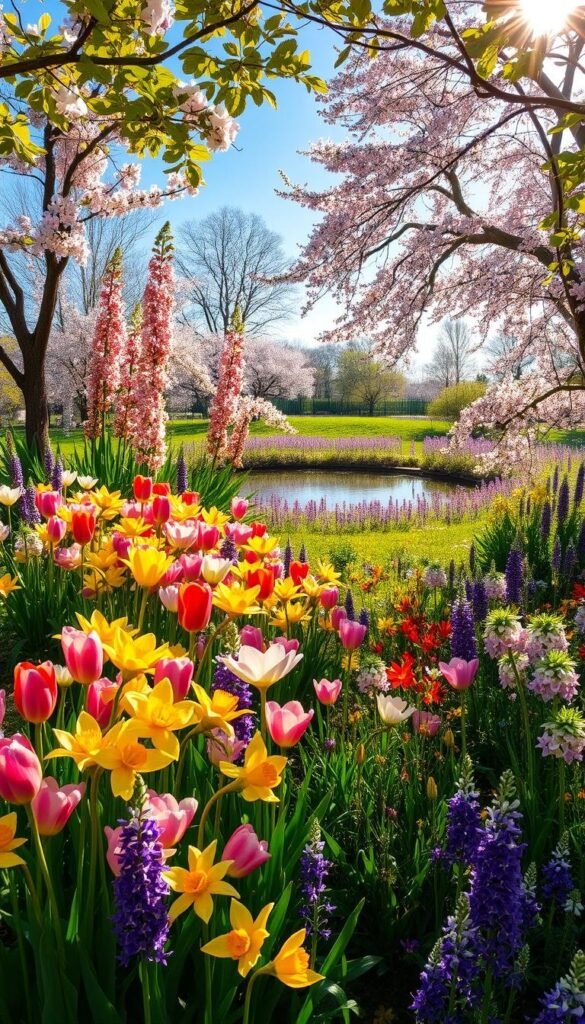 A vibrant, sun-dappled spring garden bursting with a diverse array of lush, blooming flowers. In the foreground, a stunning arrangement of colorful tulips, daffodils, and hyacinths in full blossom, their petals gently swaying in a soft breeze. Towering behind them, a mixture of tall, graceful irises and delicate cherry blossom trees, their pink-white flowers cascading down. In the distance, a tranquil pond reflects the azure sky, surrounded by a riot of purple, yellow, and white wildflowers. Warm, golden sunlight filters through the leaves, casting a warm, inviting glow over the entire scene. A serene, quintessential springtime landscape, brimming with the renewed life and beauty of the season.