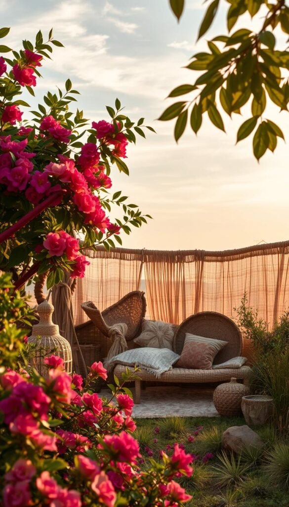 A vibrant, sun-drenched boho color palette unfolds in a captivating natural setting.