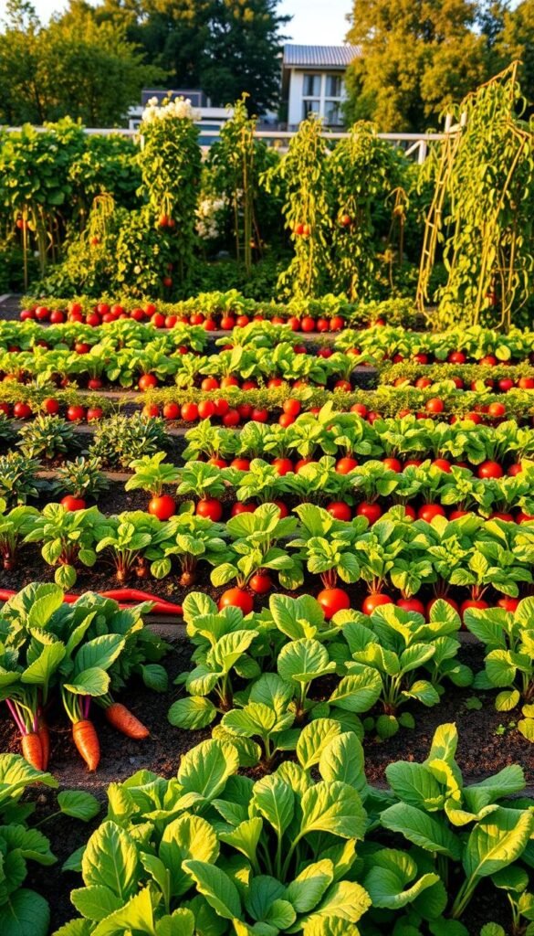 A vibrant vegetable garden with neatly arranged planting patterns. In the foreground, rows of fresh greens, carrots, and radishes in an orderly grid layout. The middle ground features alternating bands of tomatoes, peppers, and herbs, their leaves gently swaying in a soft breeze. In the background, a lush backdrop of flowering vines and trellised beans, bathed in warm, golden-hour sunlight. The overall scene conveys a sense of harmony and productivity, showcasing the beauty and efficiency of a well-planned seasonal vegetable garden.