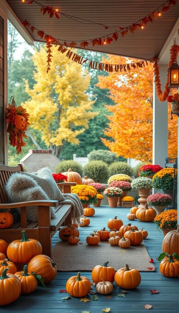 A vibrant, warm-toned fall front porch with an array of kid-friendly decorations. In the foreground, a wooden bench is adorned with plush throw pillows and a fuzzy blanket, inviting little ones to cozy up. Scattered around are playful pumpkins in various shapes and sizes, some decorated with friendly faces. Hanging from the porch ceiling, strings of autumn-hued garlands sway gently in the breeze. In the middle ground, a collection of potted mums in vibrant oranges and yellows frame the entryway, their petals swaying. The background features a lush, verdant landscape, trees ablaze with the colors of the season, creating a serene, inviting atmosphere. Soft, diffused lighting casts a golden glow, enhancing the warm, family-friendly ambiance. A vibrant, warm-toned fall front porch with an array of kid-friendly decorations. In the foreground, a wooden bench is adorned with plush throw pillows and a fuzzy blanket, inviting little ones to cozy up. Scattered around are playful pumpkins in various shapes and sizes, some decorated with friendly faces. Hanging from the porch ceiling, strings of autumn-hued garlands sway gently in the breeze. In the middle ground, a collection of potted mums in vibrant oranges and yellows frame the entryway, their petals swaying. The background features a lush, verdant landscape, trees ablaze with the colors of the season, creating a serene, inviting atmosphere. Soft, diffused lighting casts a golden glow, enhancing the warm, family-friendly ambiance.