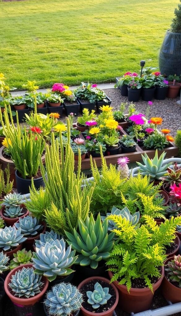 A vibrant, well-organized garden filled with an array of easy-to-grow plants, succulents, and herbs. The foreground showcases a variety of potted plants, each with unique textures and colors, arranged in a harmonious display. In the middle ground, raised garden beds brimming with lush greens and vibrant blooms create an inviting focal point. The background features a neatly trimmed lawn, with a warm, golden hour lighting casting a soft, serene glow over the entire scene. The overall composition conveys a sense of simplicity, order, and the joy of nurturing a thriving, low-maintenance garden.