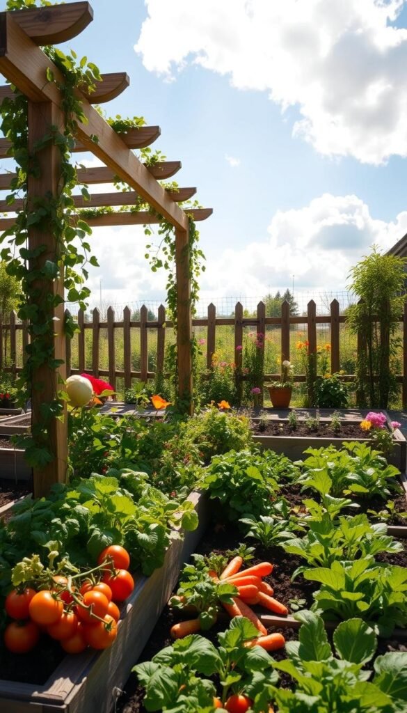 A vibrant, well-organized raised vegetable garden in an idyllic spring setting. The foreground showcases a variety of healthy vegetable plants - tomatoes, carrots, lettuces, and herbs - thriving in neatly arranged beds. The middle ground features a wooden arbor draped with climbing vines, creating a natural, rustic aesthetic. In the background, a lush, blooming flower garden adds splashes of color, complemented by a picturesque fence and a serene blue sky with fluffy white clouds. The scene is bathed in warm, gentle sunshine, conveying a sense of tranquility and productivity. The overall composition exudes an inviting, aspirational atmosphere for a thriving spring vegetable garden.