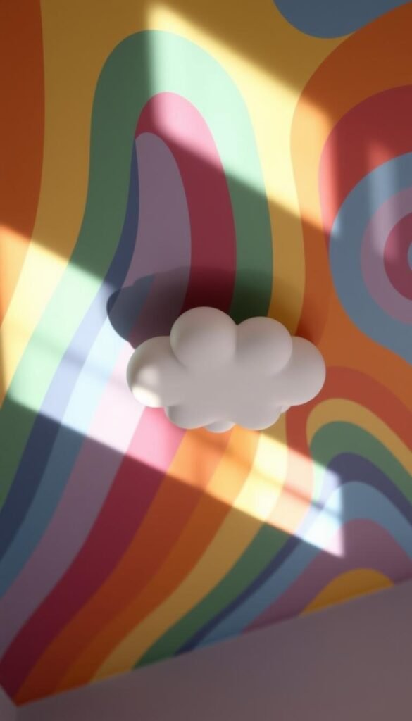A vibrant, whimsical rainbow-themed nursery ceiling, bathed in soft, natural lighting. The central focus is a playful cloud design, rendered in shades of white and grey, gently floating against a backdrop of multicolored, undulating rainbow stripes. The colors are vivid yet harmonious, creating a sense of warmth and wonder. The lighting is indirect, with a subtle, diffused glow that casts a soothing ambiance throughout the space. The perspective is slightly elevated, allowing the viewer to fully appreciate the intricate details and the overall enchanting atmosphere of this magical, dreamlike nursery setting. A vibrant, whimsical rainbow-themed nursery ceiling, bathed in soft, natural lighting. The central focus is a playful cloud design, rendered in shades of white and grey, gently floating against a backdrop of multicolored, undulating rainbow stripes. The colors are vivid yet harmonious, creating a sense of warmth and wonder. The lighting is indirect, with a subtle, diffused glow that casts a soothing ambiance throughout the space. The perspective is slightly elevated, allowing the viewer to fully appreciate the intricate details and the overall enchanting atmosphere of this magical, dreamlike nursery setting.