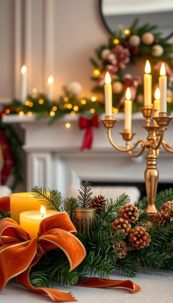 A vignette of elegant holiday decor, bathed in warm, soft lighting.