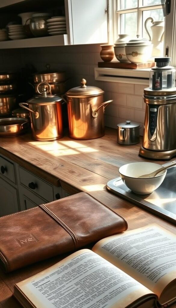 A vintage kitchen countertop, meticulously organized with a collection of gleaming copper pots, artisanal ceramic bowls, and a classic manual food processor. Soft natural light filters through a nearby window, casting a warm glow on the aged wooden surfaces. In the foreground, a well-worn leather-bound cookbook lies open, its pages offering a glimpse into the culinary traditions of the past. The scene conveys a sense of timeless elegance and the enduring charm of vintage kitchen collectibles, inviting the viewer to imagine the stories and recipes they have witnessed over the years.