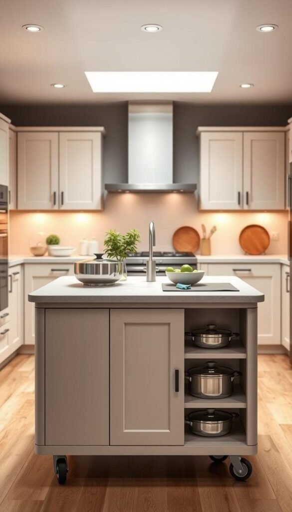 A visually stunning and detailed mobile kitchen island in a modern, bright and airy kitchen setting. The island features a sleek, minimalist design with clean lines and a neutral color palette, seamlessly blending into the surrounding cabinetry and countertops. The island has a spacious work surface, with ample storage space underneath for pots, pans, and other kitchen essentials. Soft, diffused lighting from above illuminates the scene, creating a warm and inviting atmosphere. The camera angle captures the island from a slightly elevated perspective, showcasing its versatility and functionality within the kitchen layout. The overall mood is one of sophistication, organization, and culinary inspiration.
