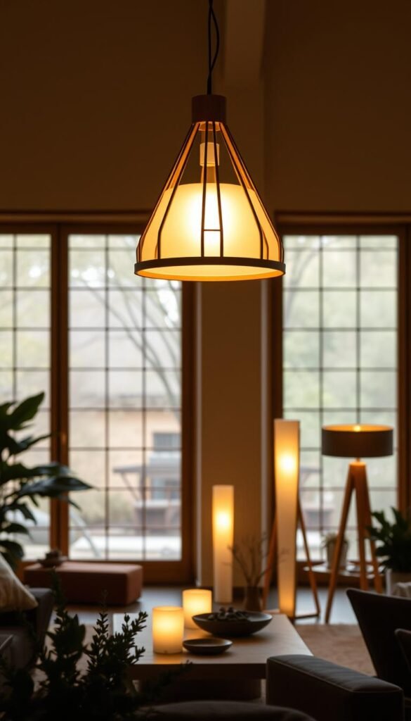 A warm, cozy Japandi-style living room illuminated by a central statement light fixture.