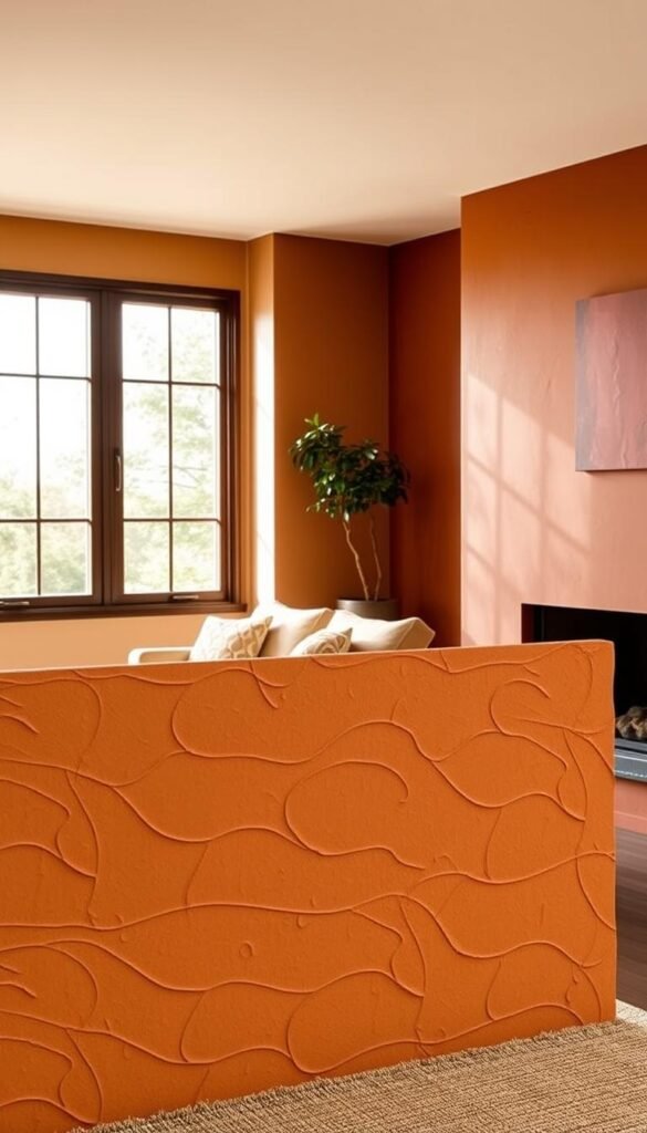 A warm, earthy living room with textured wall treatments that complement a soothing, organic color palette.