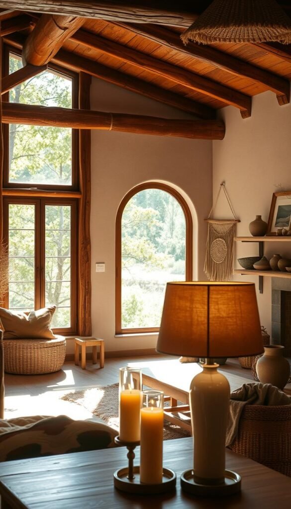 A warm, earthy-toned living room bathed in natural light filtering through wooden beams and woven textiles.