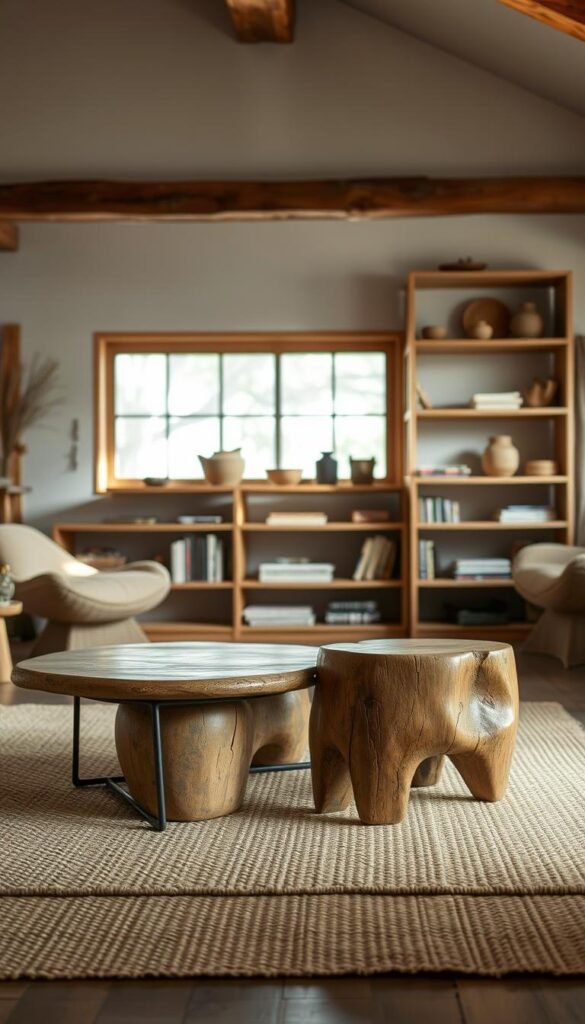 A warm-hued, rustic living room filled with wabi sabi-inspired furniture.