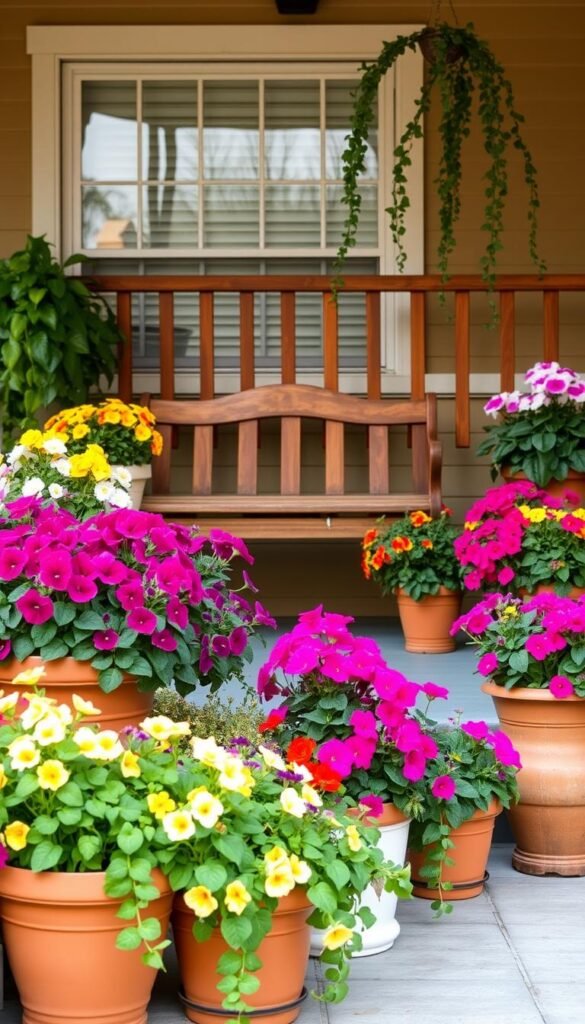 A warm, inviting front porch adorned with a vibrant arrangement of seasonal flower pots. In the foreground, a collection of terracotta and ceramic planters overflow with a lush, colorful mix of petunias, geraniums, and trailing vines, arranged in a harmonious display. The middle ground features a vintage wooden bench, complementing the rustic charm of the porch. In the background, a wooden railing frames the scene, and soft, natural lighting bathes the entire setting, creating a welcoming and cozy atmosphere. The overall impression is one of a well-curated, ever-changing seasonal display that instantly captivates the viewer and sets the tone for the home's inviting entrance. A warm, inviting front porch adorned with a vibrant arrangement of seasonal flower pots. In the foreground, a collection of terracotta and ceramic planters overflow with a lush, colorful mix of petunias, geraniums, and trailing vines, arranged in a harmonious display. The middle ground features a vintage wooden bench, complementing the rustic charm of the porch. In the background, a wooden railing frames the scene, and soft, natural lighting bathes the entire setting, creating a welcoming and cozy atmosphere. The overall impression is one of a well-curated, ever-changing seasonal display that instantly captivates the viewer and sets the tone for the home's inviting entrance.