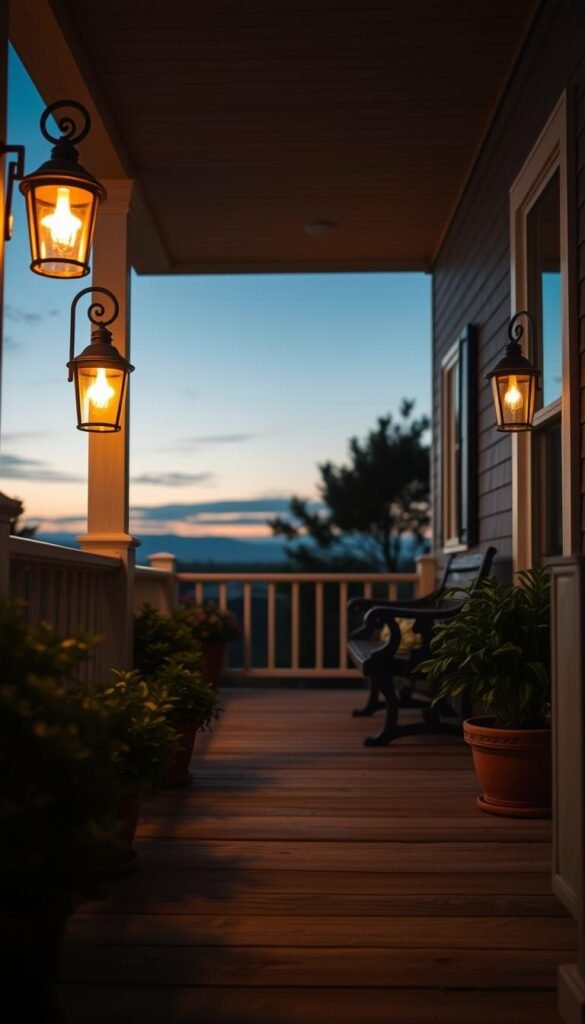 A warm, inviting front porch at twilight, with a soft glow emanating from a pair of vintage-inspired lanterns flanking the entryway. The fixtures cast a gentle, amber-hued illumination that creates a cozy, welcoming atmosphere. Lush potted plants and a rustic wooden bench add to the charming, homely ambiance. The porch's weathered wooden planks and ornate railings are visible in the foreground, leading the eye to the inviting entry. In the background, a peaceful, dusky sky sets the stage for this intimate, atmospheric scene.