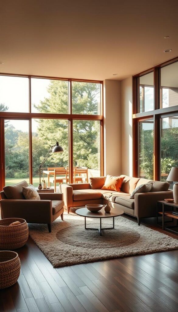 A warm, inviting mid-century modern living room bathed in soft, natural lighting.