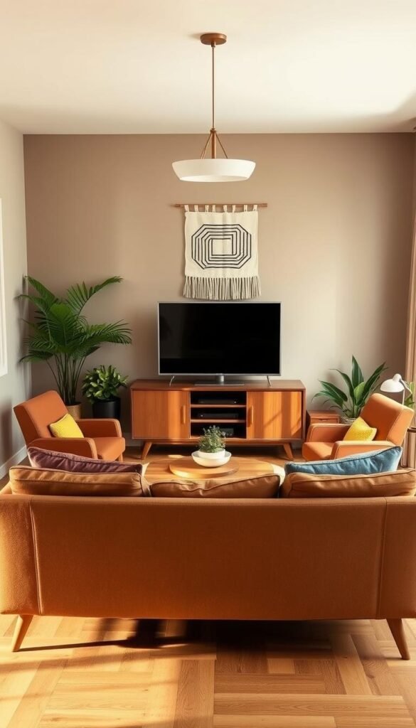 A warm, inviting mid-century modern living room with a focus on budget-friendly furnishings and decor.