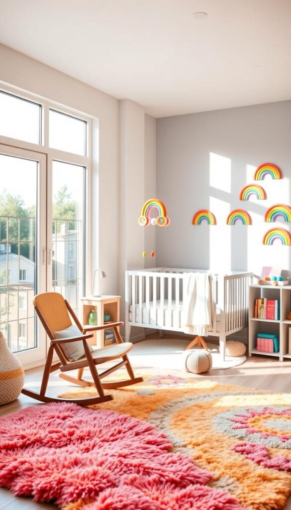 A warm, inviting modern rainbow nursery with natural light flooding through large windows. The foreground features a plush, colorful rug, a wooden rocking chair, and a variety of pastel-hued toys and books neatly arranged on a minimalist shelving unit. The middle ground showcases a vibrant, whimsical mobile hanging above a neutral-toned crib, while the background depicts playful rainbow-themed wall decals or artwork. The overall atmosphere is one of joy, comfort, and creativity, capturing the latest 2023 trends in nursery design. A warm, inviting modern rainbow nursery with natural light flooding through large windows. The foreground features a plush, colorful rug, a wooden rocking chair, and a variety of pastel-hued toys and books neatly arranged on a minimalist shelving unit. The middle ground showcases a vibrant, whimsical mobile hanging above a neutral-toned crib, while the background depicts playful rainbow-themed wall decals or artwork. The overall atmosphere is one of joy, comfort, and creativity, capturing the latest 2023 trends in nursery design.