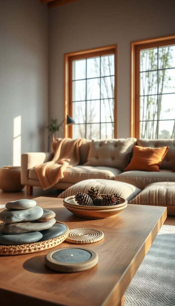 A warm, minimalist Japandi-inspired living room, bathed in soft natural light.
