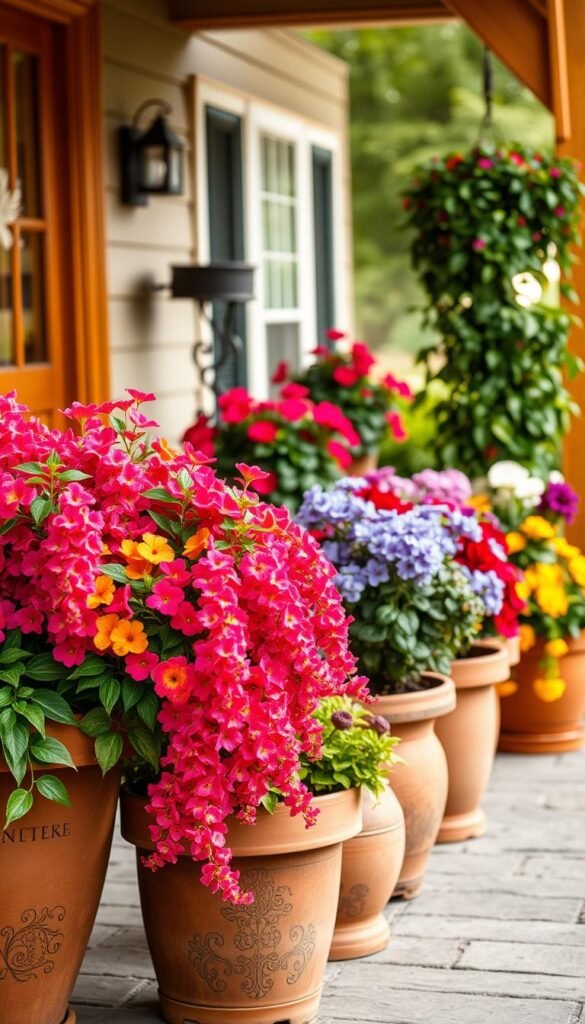 A well-balanced arrangement of colorful flower pots on a cozy front porch. In the foreground, several terracotta pots overflow with cascading blooms in vibrant hues, creating a lush, eye-catching display. In the middle ground, taller potted plants in varying heights add dimension and visual interest. The background features a warm, inviting wooden porch frame, bathed in soft, diffused natural lighting, lending a serene, welcoming atmosphere. The overall composition exudes a sense of harmony, reflecting the section's focus on "Height and Arrangement: Creating a Balanced Look". A well-balanced arrangement of colorful flower pots on a cozy front porch. In the foreground, several terracotta pots overflow with cascading blooms in vibrant hues, creating a lush, eye-catching display. In the middle ground, taller potted plants in varying heights add dimension and visual interest. The background features a warm, inviting wooden porch frame, bathed in soft, diffused natural lighting, lending a serene, welcoming atmosphere. The overall composition exudes a sense of harmony, reflecting the section's focus on "Height and Arrangement: Creating a Balanced Look".