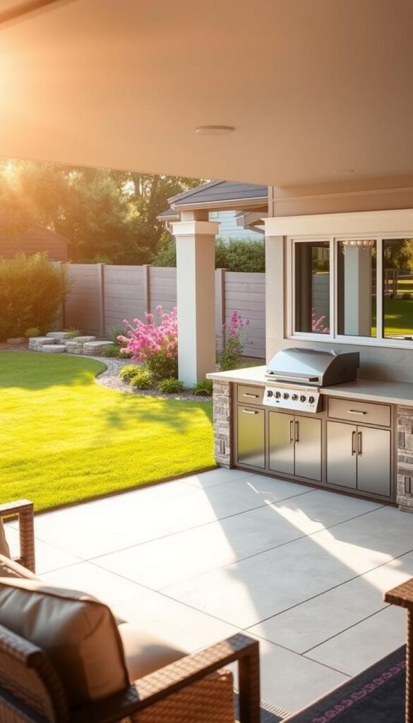 A well-designed backyard with a functional outdoor kitchen. The scene shows a spacious patio area with a sleek, modern kitchen setup, complete with a grill, countertops, and storage cabinets. The kitchen is situated near a lush, manicured lawn and a cluster of vibrant flowering plants, creating a seamless integration between the indoor and outdoor living spaces. Warm, natural lighting filters through the scene, casting a cozy, inviting atmosphere. The camera angle captures the scene from a slightly elevated perspective, highlighting the cohesive design and the practical features that make this backyard an ideal space for entertaining and relaxation. A well-designed backyard with a functional outdoor kitchen. The scene shows a spacious patio area with a sleek, modern kitchen setup, complete with a grill, countertops, and storage cabinets. The kitchen is situated near a lush, manicured lawn and a cluster of vibrant flowering plants, creating a seamless integration between the indoor and outdoor living spaces. Warm, natural lighting filters through the scene, casting a cozy, inviting atmosphere. The camera angle captures the scene from a slightly elevated perspective, highlighting the cohesive design and the practical features that make this backyard an ideal space for entertaining and relaxation.