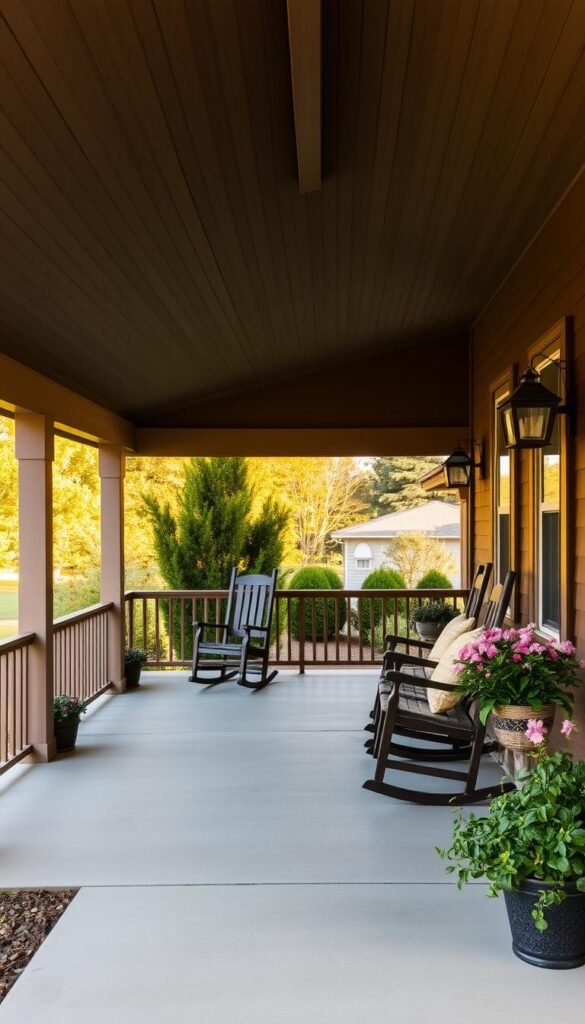 A well-designed front porch with a classic farmhouse aesthetic, showcasing a spacious wraparound design with a charming wooden structure and a gently sloping roof. The porch is filled with comfortable rocking chairs and a cozy bench, all set against a backdrop of lush, verdant landscaping and a warm, golden afternoon light. The scene exudes a sense of welcoming and relaxation, perfectly capturing the essence of a traditional front porch that invites visitors to slow down and enjoy the tranquility of the space.