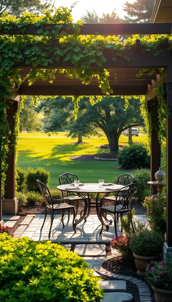 A well-designed outdoor dining area nestled in a lush front yard landscape. An elegant wrought-iron table and chairs sit atop a paved patio, surrounded by verdant shrubs and flowering plants. Overhead, a pergola draped with cascading vines casts a gentle, dappled light. In the background, a manicured lawn is dotted with mature trees, creating a serene and inviting ambiance. The scene is bathed in the warm glow of soft, diffused sunlight, evoking a sense of tranquility and al fresco dining experience. A beautifully crafted space that seamlessly integrates function and aesthetics, perfectly capturing the essence of "Creating Functional Spaces" in front yard landscaping.