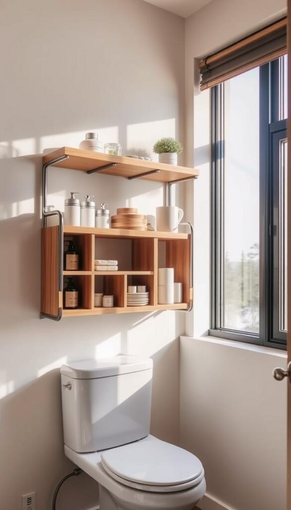 A well-designed over-the-toilet storage unit, showcasing various shelves and compartments, bathed in warm, natural lighting from a large window.