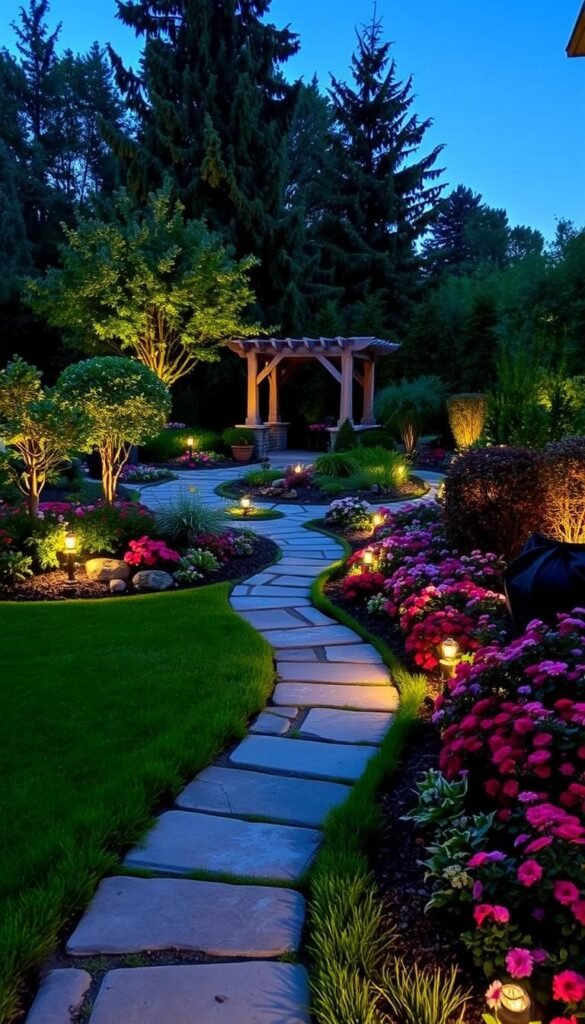 A well-lit backyard landscape at dusk, featuring a beautifully manicured lawn, lush flower beds, and strategically placed garden lights. In the foreground, a stone pathway winds through the vibrant foliage, leading the eye towards a charming gazebo or pergola structure. The middle ground showcases a variety of ornamental plants, their colors and textures creating a harmonious tapestry. In the background, the silhouettes of tall trees and shrubs frame the scene, adding depth and a sense of tranquility. The overall mood is one of warmth and inviting ambiance, perfect for a cozy evening spent enjoying the outdoor space.