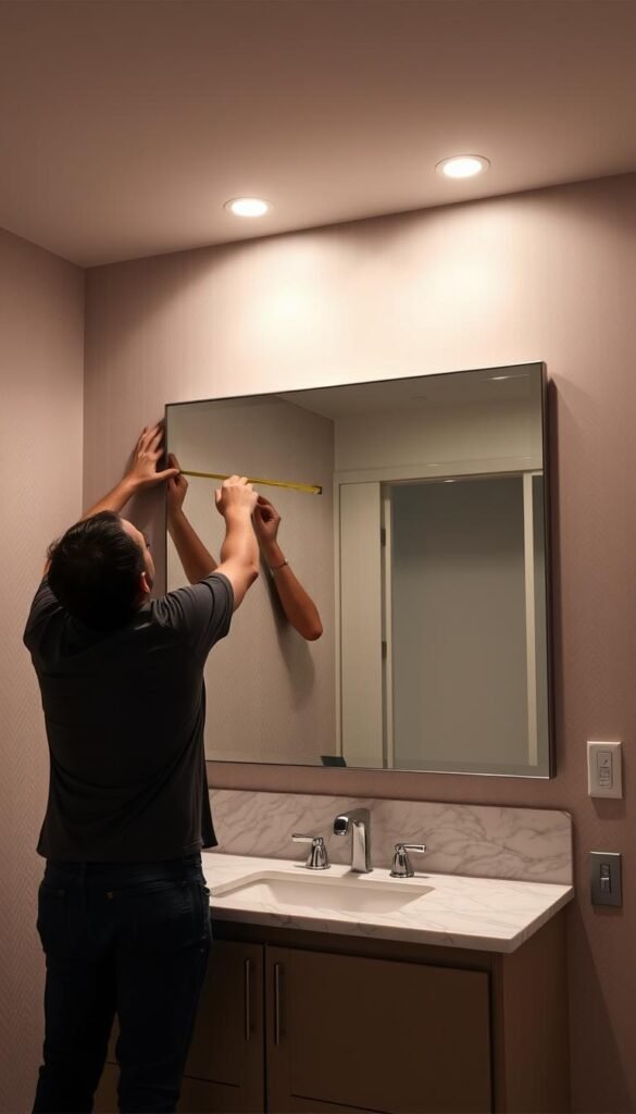 A well-lit bathroom interior with a large mirror being installed on the wall.
