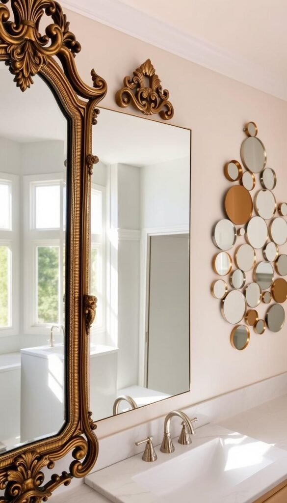 A well-lit bathroom setting showcasing an elegant selection of vanity mirrors.