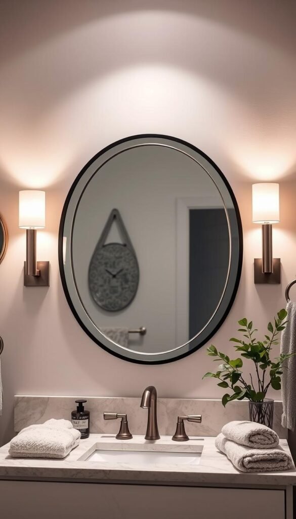 A well-lit bathroom, the mirror the focal point.