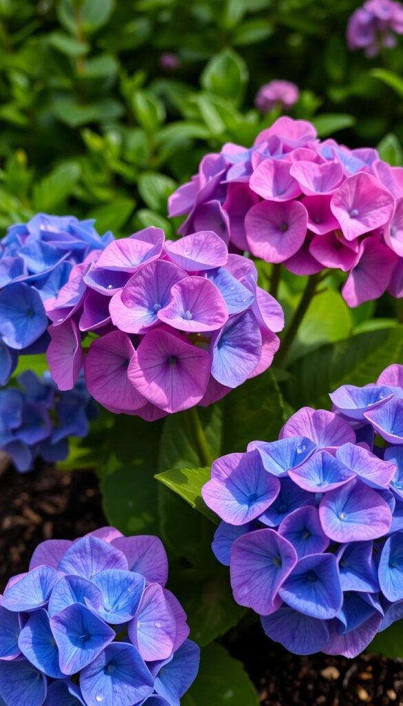A well-lit close-up shot of hydrangea flower heads, their vibrant blue and pink petals glistening with water droplets. The flowers are neatly arranged, their stems emerging from a soil-filled planter. In the background, a lush green foliage creates a natural, verdant setting. The lighting is soft and diffused, casting gentle shadows and highlighting the delicate textures of the blooms. The camera angle is slightly elevated, providing a comprehensive view of the hydrangea's watering needs. The overall mood is one of serene, botanical elegance.