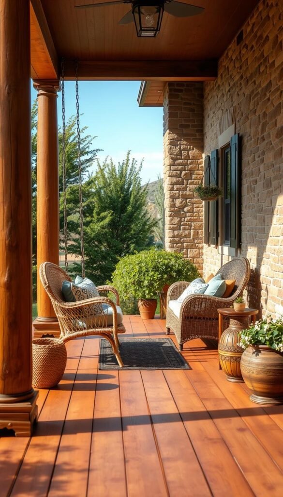 A well-lit, cozy front porch with a variety of natural materials. In the foreground, warm-toned wooden floorboards and sturdy wooden posts support a charming porch swing. Intricately woven wicker furniture, plush outdoor cushions, and rustic potted plants create a welcoming middle ground. In the background, a stone or brick facade with intricate patterns and textures, framed by lush greenery and a clear blue sky. Soft, diffused lighting casts a gentle glow, evoking a timeless, inviting atmosphere perfect for relaxation and entertaining.