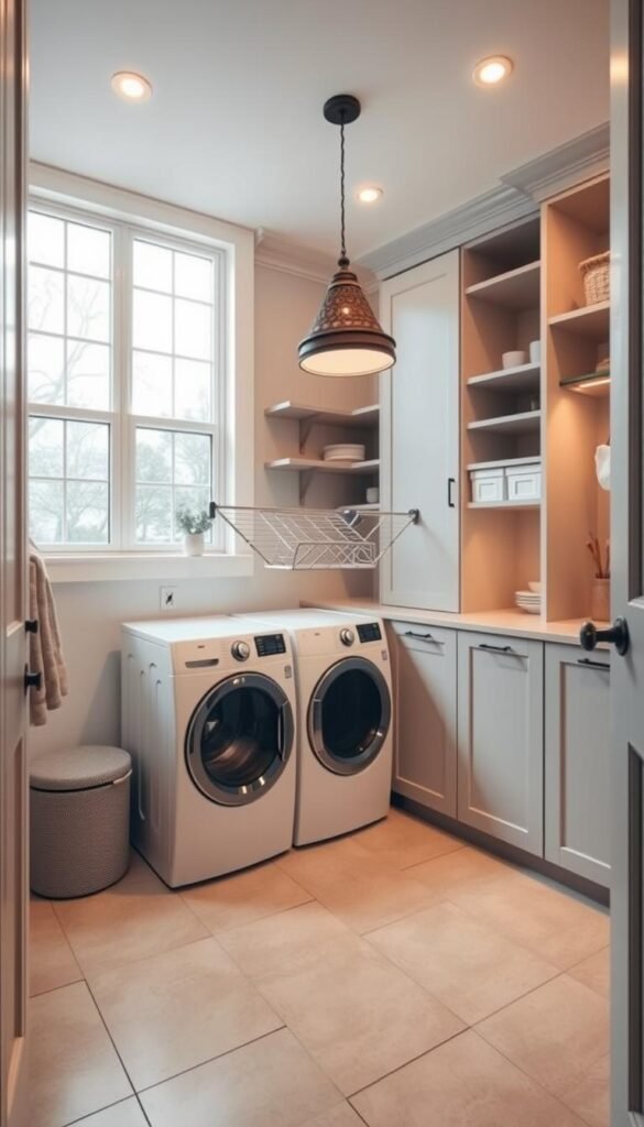 A well-lit, cozy small laundry room with natural sunlight streaming through a large window. Shelves and storage cabinets line the walls, optimizing the available space. A modern, energy-efficient front-loading washer and dryer sit side by side, their sleek lines complementing the room's minimalist aesthetic. Warm, soft lighting from recessed ceiling fixtures and a decorative pendant lamp over a foldable drying rack create a welcoming ambiance. The tiled floor in a soothing neutral tone ties the entire space together, making it feel both functional and inviting. A well-lit, cozy small laundry room with natural sunlight streaming through a large window. Shelves and storage cabinets line the walls, optimizing the available space. A modern, energy-efficient front-loading washer and dryer sit side by side, their sleek lines complementing the room's minimalist aesthetic. Warm, soft lighting from recessed ceiling fixtures and a decorative pendant lamp over a foldable drying rack create a welcoming ambiance. The tiled floor in a soothing neutral tone ties the entire space together, making it feel both functional and inviting.