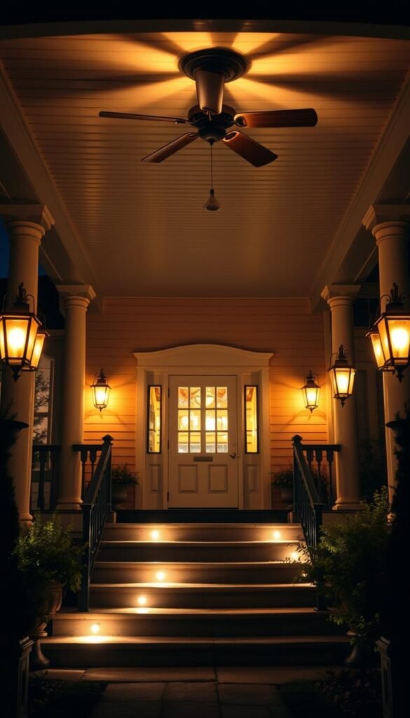A well-lit front porch, bathed in the warm glow of vintage lanterns and sconces. The entryway is framed by decorative railings and pillars, creating an inviting and cozy atmosphere. Soft, ambient lighting cascades down the steps, illuminating the surrounding garden beds and pathways. The porch ceiling features a classic ceiling fan with integrated lights, adding both functionality and visual interest. The overall scene exudes a sense of timeless elegance and a welcoming ambiance, perfect for setting the mood on a cool evening.