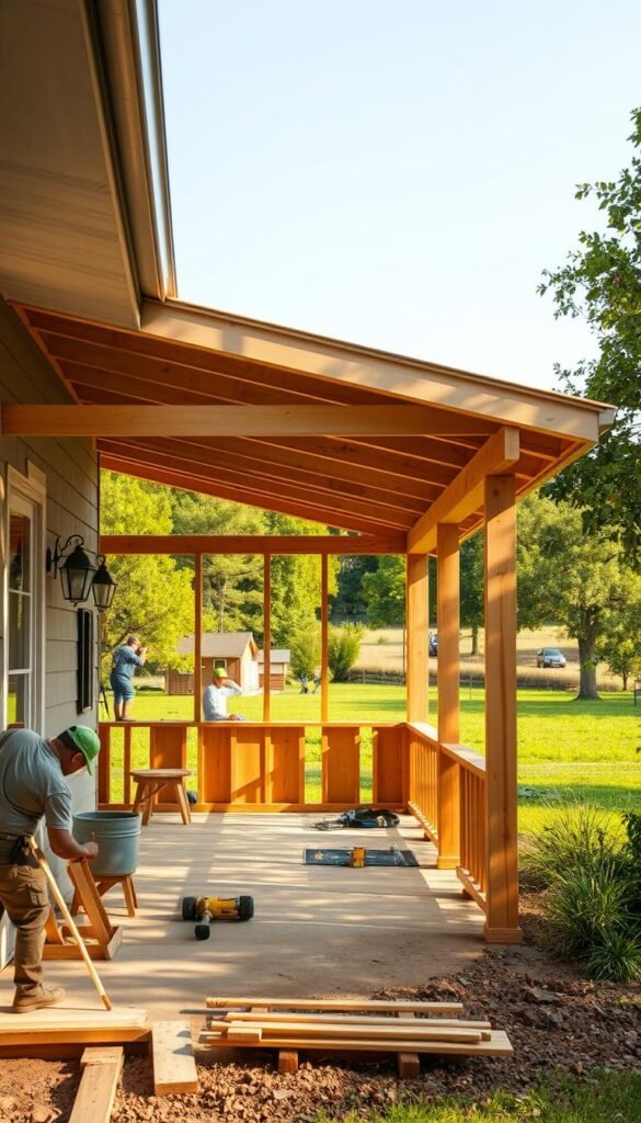A well-lit front porch under construction, with warm, natural lighting casting a cozy glow. In the foreground, carpenters carefully assemble the wooden frame, hammering nails and aligning posts. The middle ground showcases the partially completed porch structure, revealing the intricate details of the design. In the background, a lush, verdant landscape provides a peaceful, rural backdrop, complementing the rustic charm of the porch. The scene conveys a sense of progress and industry, with the promise of a welcoming and functional addition to the home. A well-lit front porch under construction, with warm, natural lighting casting a cozy glow. In the foreground, carpenters carefully assemble the wooden frame, hammering nails and aligning posts. The middle ground showcases the partially completed porch structure, revealing the intricate details of the design. In the background, a lush, verdant landscape provides a peaceful, rural backdrop, complementing the rustic charm of the porch. The scene conveys a sense of progress and industry, with the promise of a welcoming and functional addition to the home.