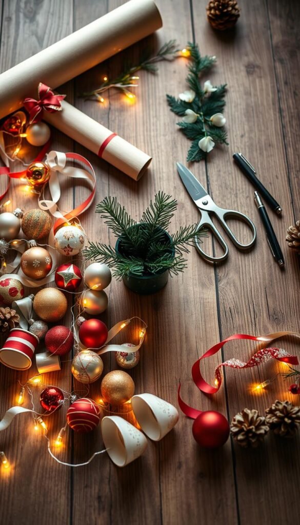 A well-lit, high-angle shot of a collection of essential holiday decorating supplies artfully arranged on a rustic wooden surface.
