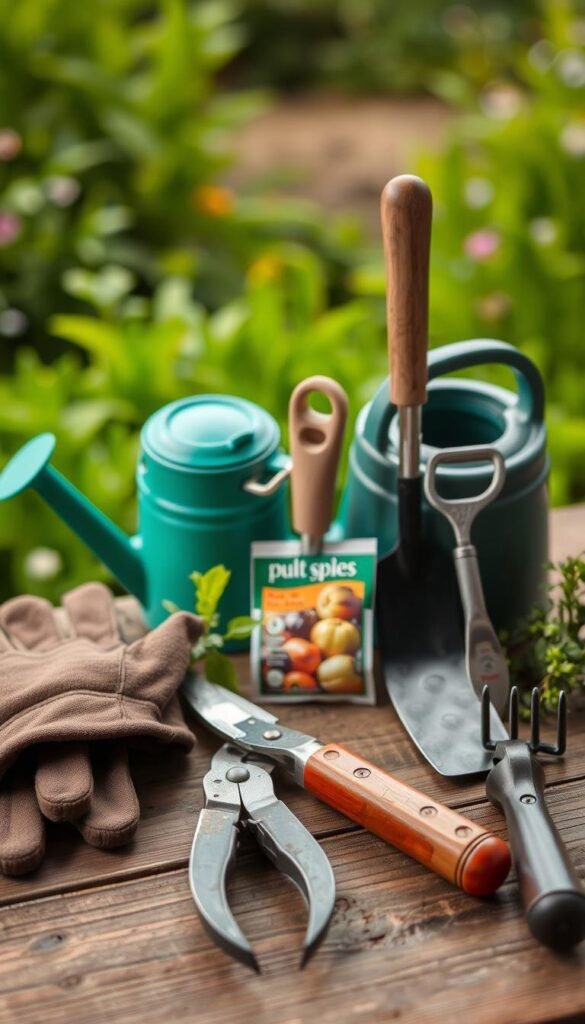 A well-lit, high-angle shot of a neatly arranged collection of essential gardening tools and supplies. In the foreground, a pair of sturdy gardening gloves, secateurs, and a trowel lay on a wooden surface. In the middle ground, a watering can, a small hand cultivator, and a packet of vegetable seeds stand upright. The background features a verdant, out-of-focus garden scene, suggesting the tools' purpose and the lush, thriving environment they serve. The overall composition emphasizes the practical, utilitarian nature of these gardening essentials, conveying a sense of preparedness and the promise of a fruitful, productive growing season.