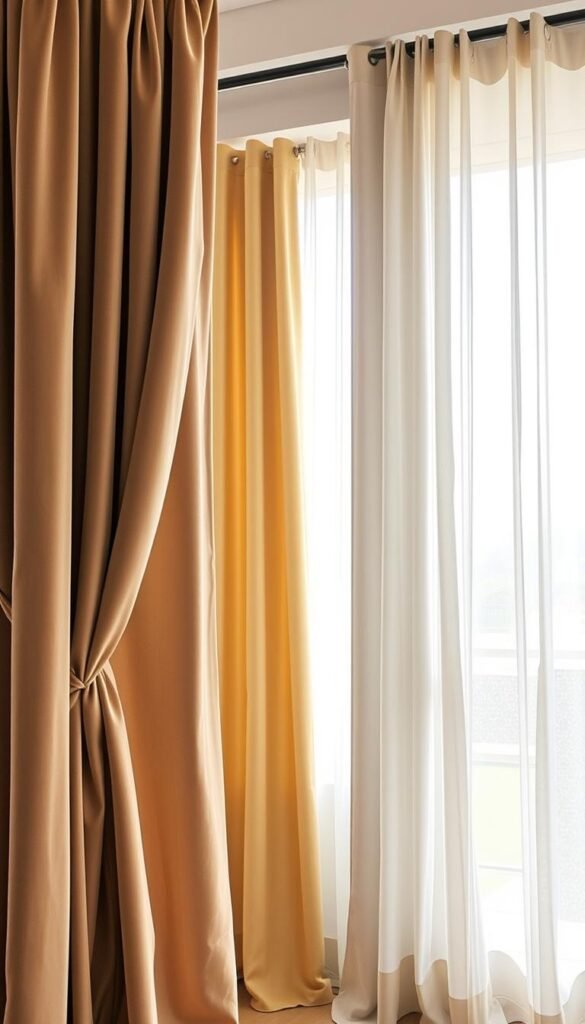 A well-lit, high-quality interior scene showcasing various curtain lengths and hanging styles.