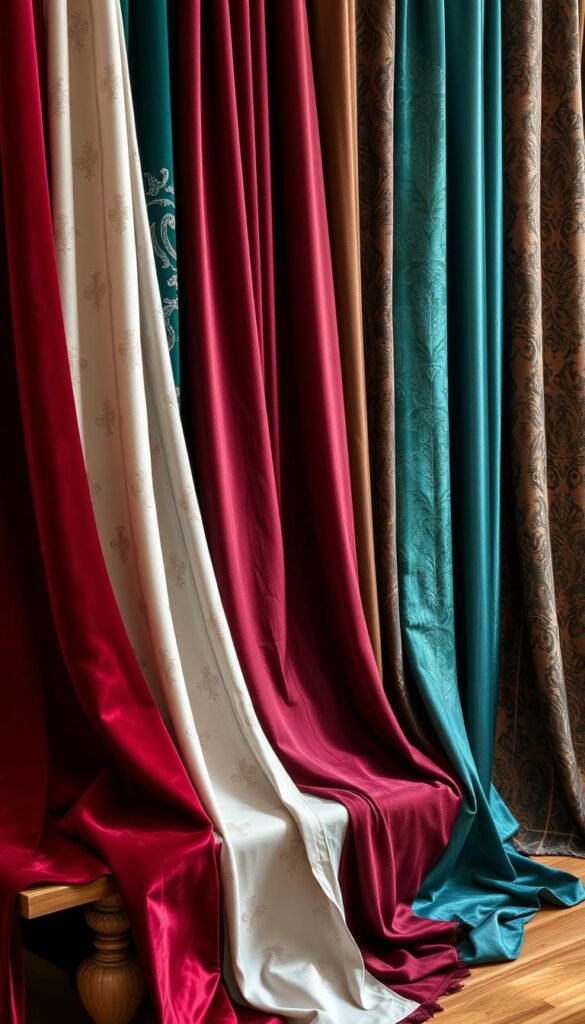 A well-lit, high-quality photograph of a variety of luxurious curtain fabrics displayed on a wooden table.