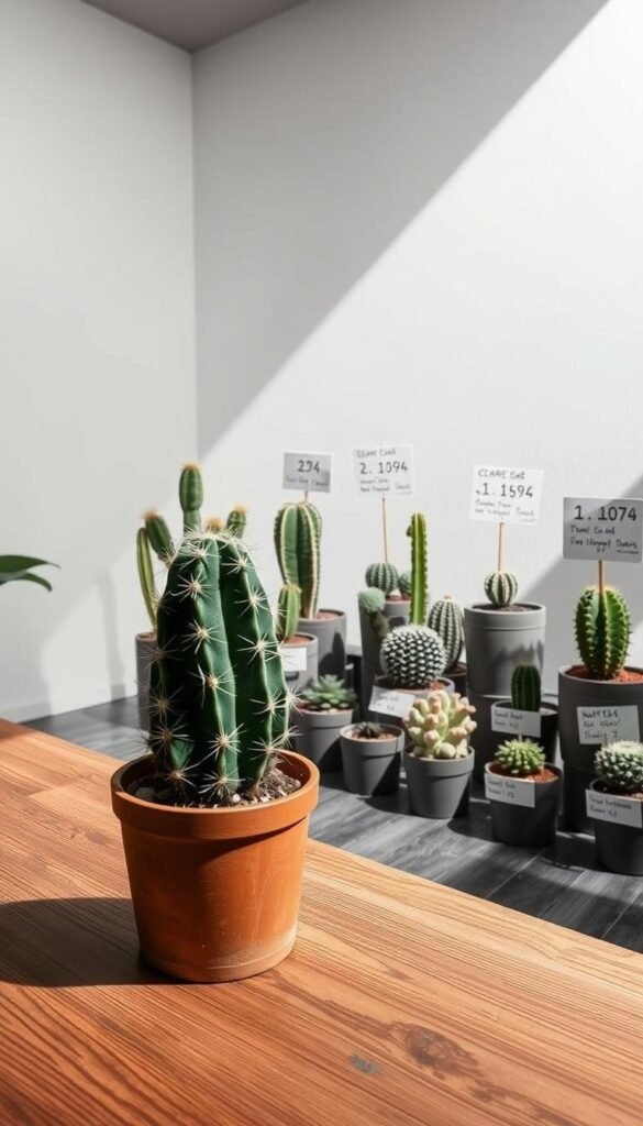 A well-lit indoor scene showcasing essential cactus care tips. In the foreground, a potted cactus plant sits on a wooden table, its spines casting delicate shadows. The middle ground features an array of succulents and small potted cacti, each labeled with care instructions - watering, soil, sunlight. The background has a minimalist white wall, lending a serene, gallery-like atmosphere. Dramatic side lighting highlights the sculptural forms and textures of the plants, creating a visually striking composition. A sense of simplicity and focus on the subject matter conveys the core message of "Essential Cactus Care Tips".