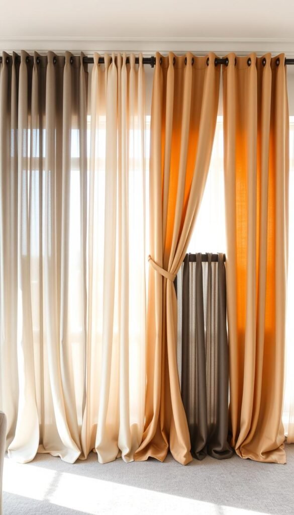 A well-lit living room showcasing an arrangement of diverse curtain styles, including sheer voiles, heavy velvet panels, pleated linen drapes, and cascading…