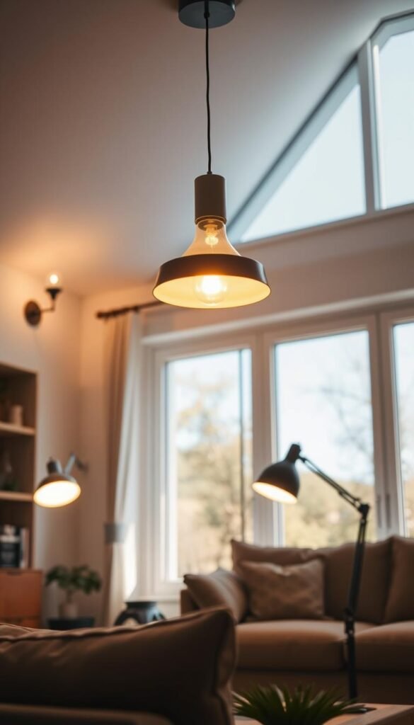 A well-lit living room with a variety of energy-efficient lighting options, including a central, modern pendant lamp casting warm, ambient light, flanked by…