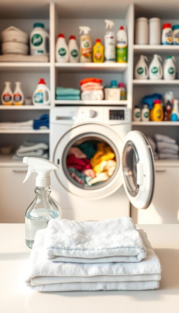 A well-lit, meticulously organized laundry room showcases various stain removal techniques. In the foreground, a set of clean, neatly folded towels and a spray bottle of stain remover sit atop a pristine white counter. The middle ground features an open washing machine, its door ajar, revealing a colorful array of fabrics undergoing the cleaning process. In the background, shelves display an assortment of laundry detergents, fabric softeners, and other cleaning supplies, all arranged in a visually appealing manner. The lighting is soft and natural, casting a warm, inviting glow throughout the space. The overall atmosphere conveys a sense of efficiency, organization, and the mastery of effective stain removal techniques.