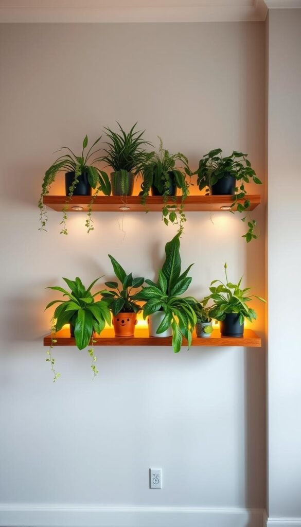 A well-lit, minimalist living room with a floating wooden shelf displaying a variety of lush, healthy houseplants.