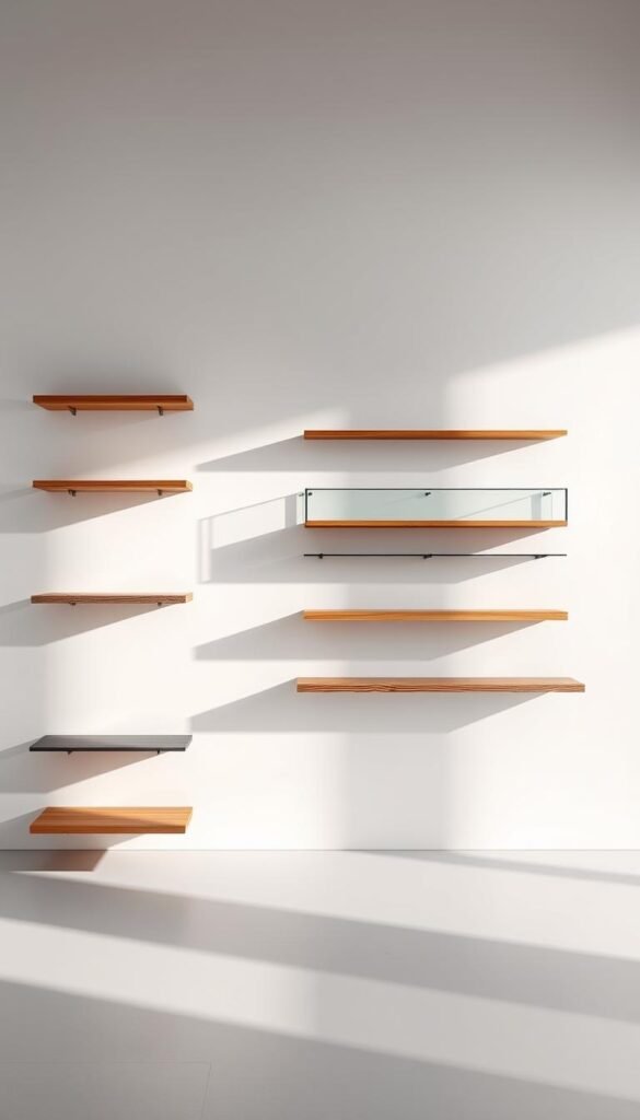 A well-lit, minimalist studio setting showcasing a variety of floating shelf materials.