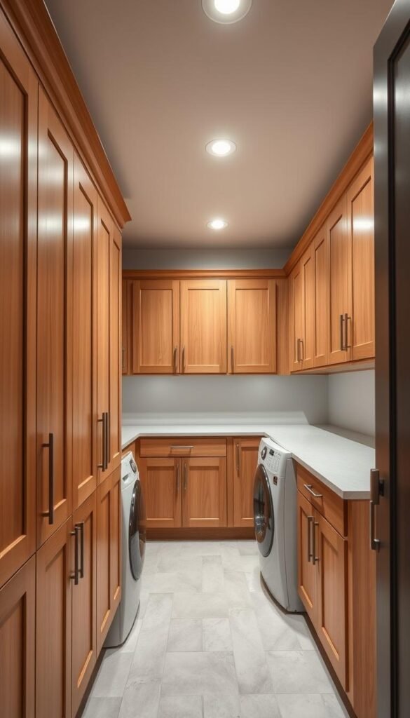 A well-lit, modern laundry room with custom-built wooden cabinets in a warm, natural finish. The cabinets are arranged in a clean, minimalist layout, offering ample storage space for laundry essentials. Soft, directional lighting from recessed ceiling fixtures casts a gentle glow, highlighting the smooth cabinet surfaces and creating a cozy, inviting atmosphere. The room features a tiled floor in a neutral tone, complementing the wood tones and creating a cohesive, high-end aesthetic. The composition emphasizes the cabinets as the focal point, showcasing their design and craftsmanship in a way that inspires the viewer to envision their own dream laundry room. A well-lit, modern laundry room with custom-built wooden cabinets in a warm, natural finish. The cabinets are arranged in a clean, minimalist layout, offering ample storage space for laundry essentials. Soft, directional lighting from recessed ceiling fixtures casts a gentle glow, highlighting the smooth cabinet surfaces and creating a cozy, inviting atmosphere. The room features a tiled floor in a neutral tone, complementing the wood tones and creating a cohesive, high-end aesthetic. The composition emphasizes the cabinets as the focal point, showcasing their design and craftsmanship in a way that inspires the viewer to envision their own dream laundry room.