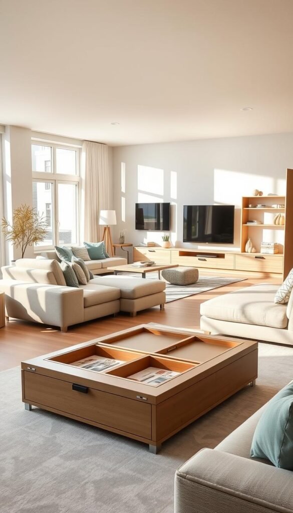 A well-lit modern living room with a focus on space-saving furniture.